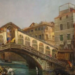 Superbe peinture du 20e siècle par C. Mannucci, Carnaval sur le pont du Rialto.