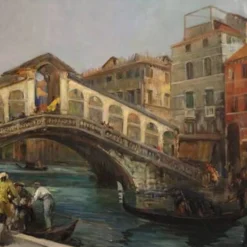 Superbe peinture du 20e siècle par C. Mannucci, Carnaval sur le pont du Rialto.
