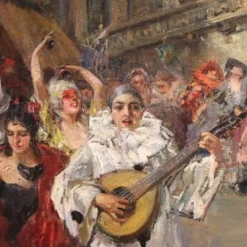 Superbe peinture du 20e siècle par C. Mannucci, Carnaval sur le pont du Rialto.