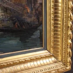 Superbe peinture du 20e siècle par C. Mannucci, Carnaval sur le pont du Rialto.