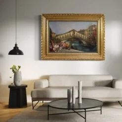 Superbe peinture du 20e siècle par C. Mannucci, Carnaval sur le pont du Rialto.