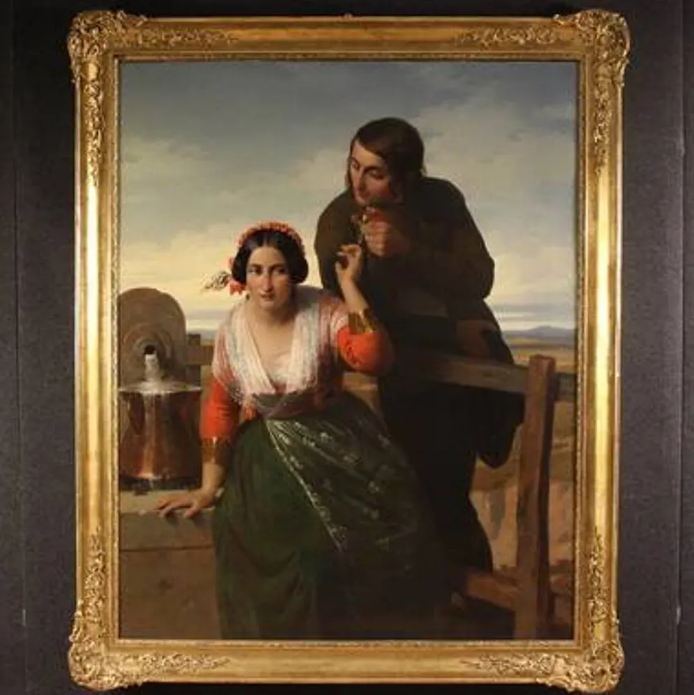 Superbe peinture signée FB et datée de 1853, les amoureux.