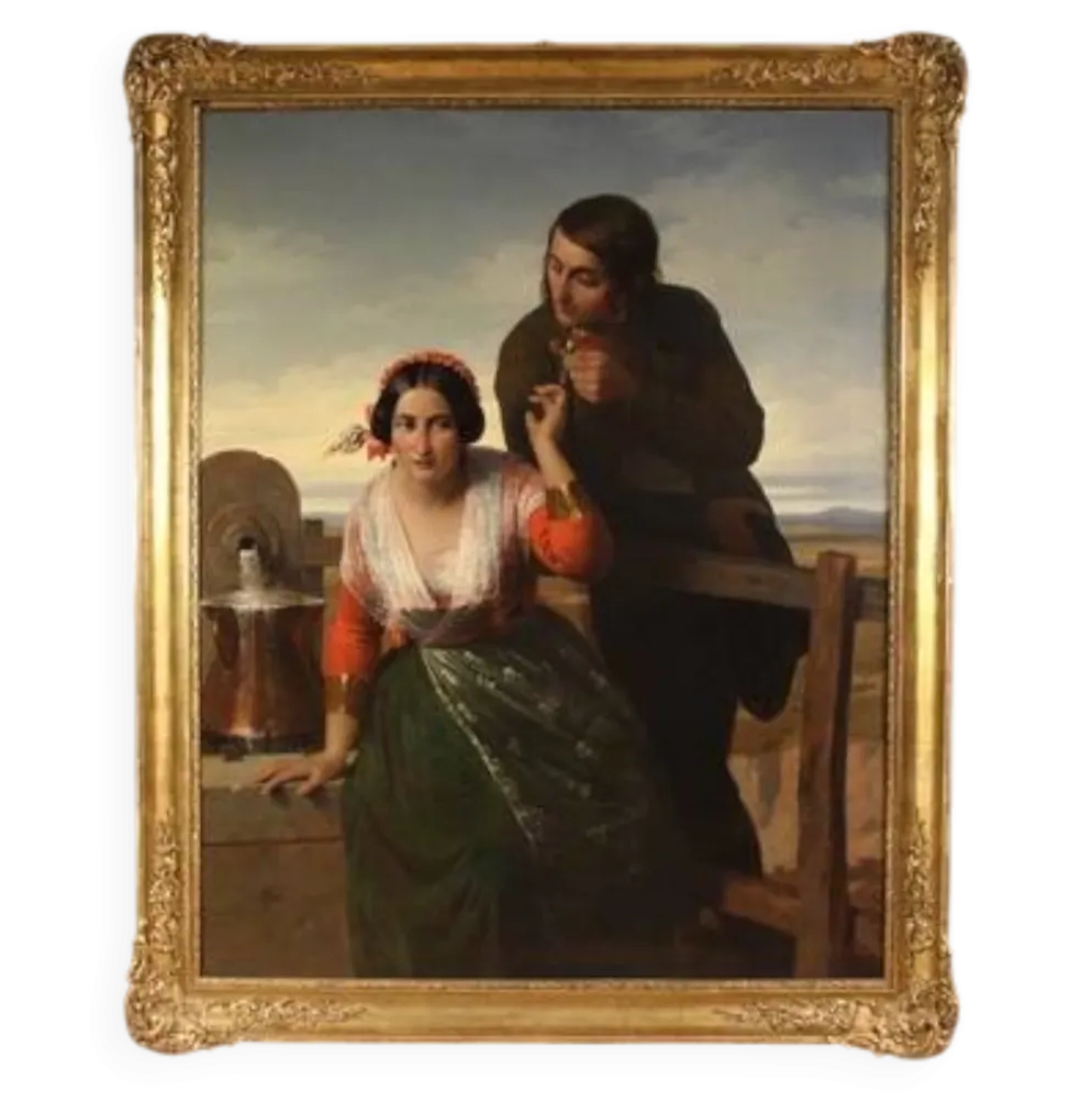 Superbe peinture signée FB et datée de 1853, les amoureux.