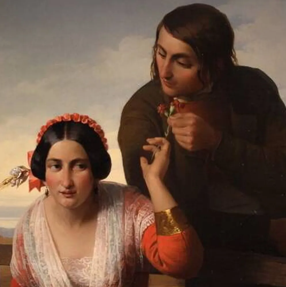 Superbe peinture signée FB et datée de 1853, les amoureux.