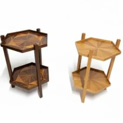 Support à deux niveaux en marqueterie du milieu du siècle, Tchécoslovaquie, années 1960-1970