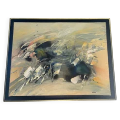 Tableau Abstrait Lyrique Huile sur Toile Cadre Noir Doré Années 60