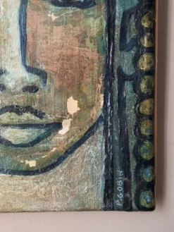 Tableau ancien acrylique sur toile portrait vintage ethnique tribal