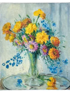 Tableau ancien - Bouquet de fleurs dans vase en verre