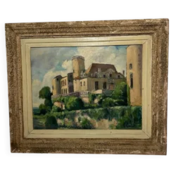 Tableau ancien français signé et daté 1952 – Château et jardin – Huile