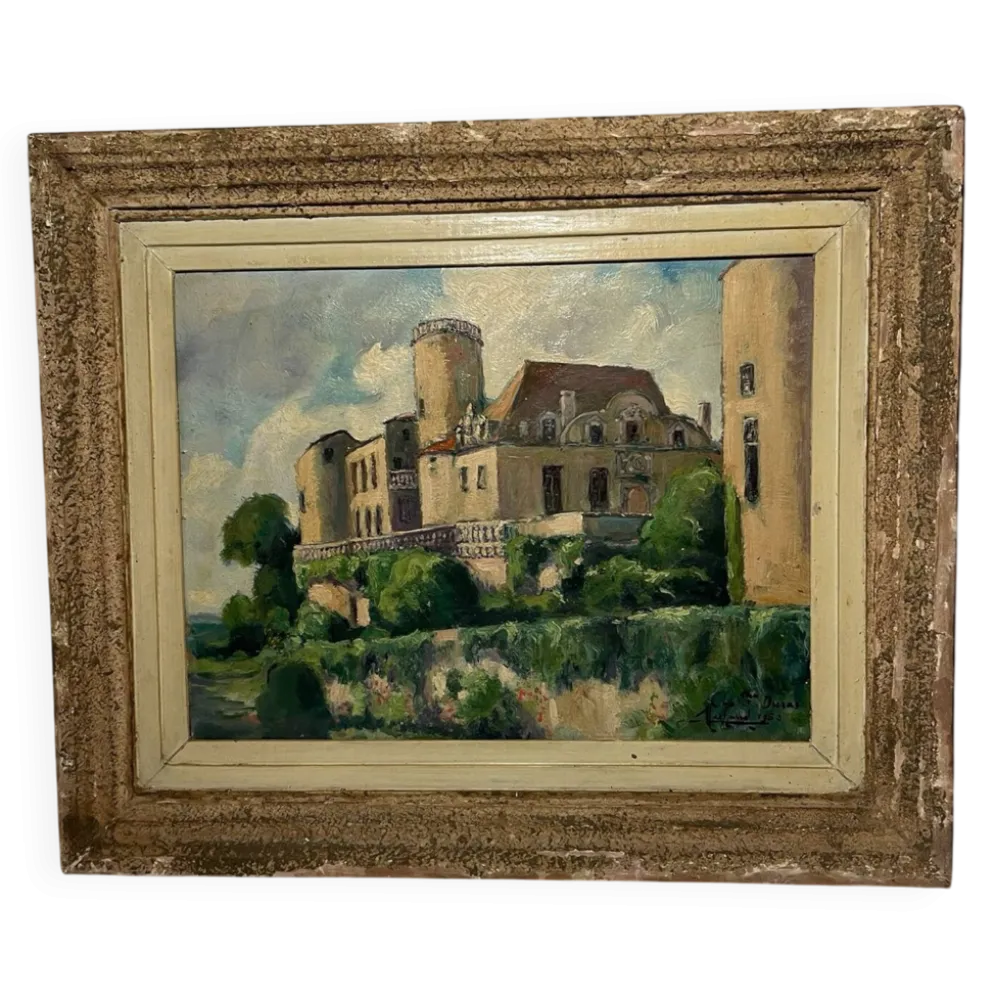 Tableau ancien français signé et daté 1952 – Château et jardin – Huile
