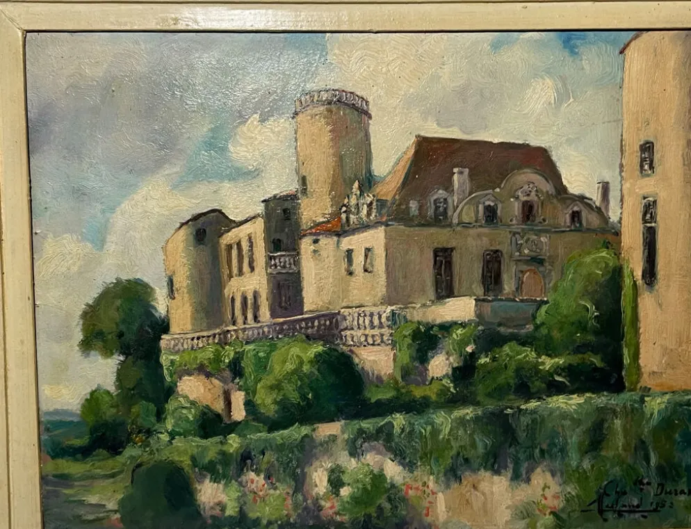 Tableau ancien français signé et daté 1952 – Château et jardin – Huile