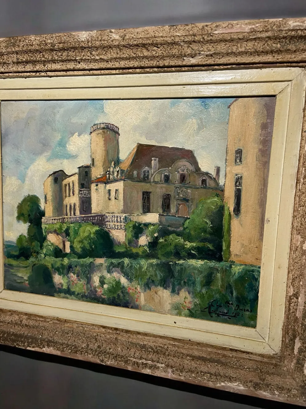 Tableau ancien français signé et daté 1952 – Château et jardin – Huile