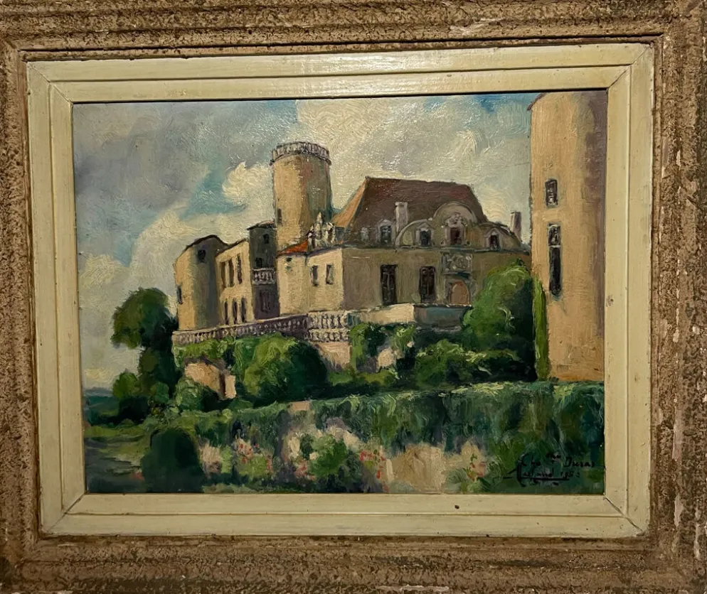 Tableau ancien français signé et daté 1952 – Château et jardin – Huile
