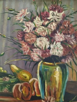 Tableau ancien huile sur panneau - nature morte 1947 – signé wehr