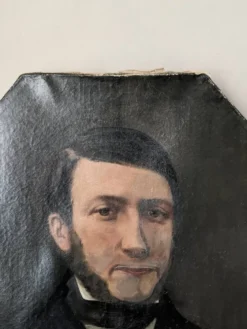 Tableau ancien huile sur toile octogonale portrait décoration campagne