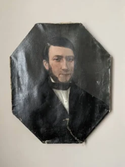 Tableau ancien huile sur toile octogonale portrait décoration campagne