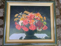 Tableau ancien impression sur toile avec cadre Frey vert et doré 58x51cm
