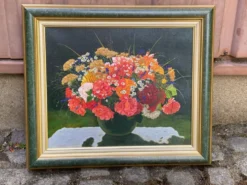 Tableau ancien impression sur toile avec cadre Frey vert et doré 58x51cm