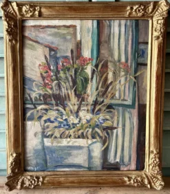 Tableau ancien Nature morte florale – Huile sur carton, 1951