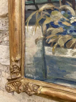 Tableau ancien Nature morte florale – Huile sur carton, 1951
