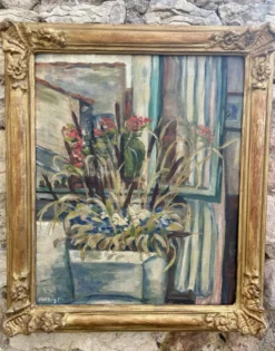 Tableau ancien Nature morte florale – Huile sur carton, 1951