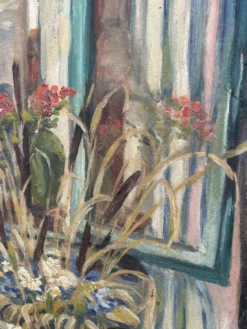 Tableau ancien Nature morte florale – Huile sur carton, 1951