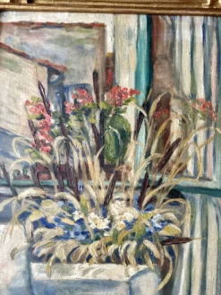 Tableau ancien Nature morte florale – Huile sur carton, 1951