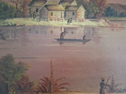 ​Tableau Ancien / Peinture à l'huile – Scène de vie au bord de l'eau