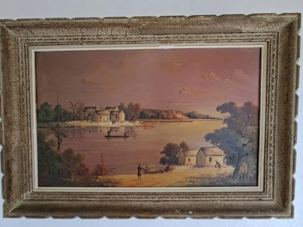 Tableau Ancien / Peinture à l'huile – Scène de vie au bord de l'eau