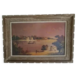 Tableau Ancien / Peinture à l'huile – Scène de vie au bord de l'eau