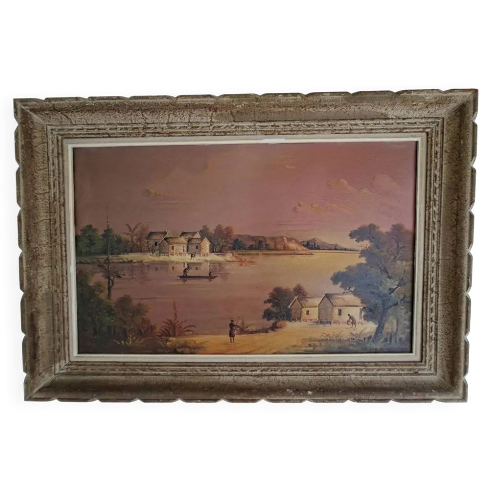Tableau Ancien / Peinture à l'huile – Scène de vie au bord de l'eau