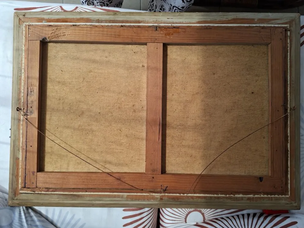 Tableau Ancien / Peinture à l'huile – Scène de vie au bord de l'eau