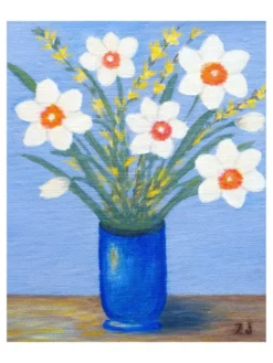 Tableau ancien signé ZJ – Huile sur toile – Bouquet de jonquilles dans un vase