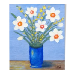 Tableau ancien signé ZJ – Huile sur toile – Bouquet de jonquilles dans un vase