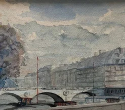 Tableau Aquarelle début XX° Pont de Paris Bord de Seine signé J. M. Nicolle