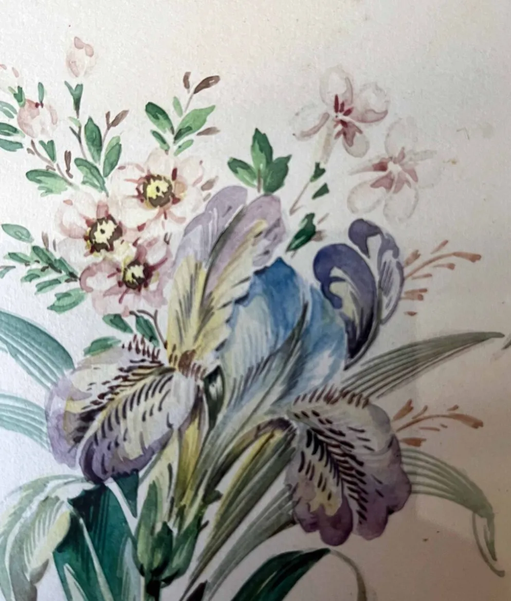 Tableau Aquarelle "Fleurs du jardin" signé début XX°