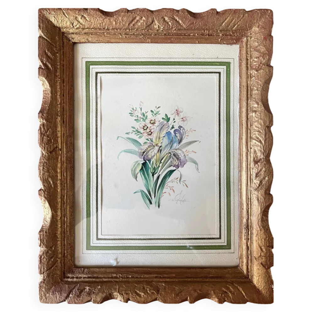 Tableau Aquarelle "Fleurs du jardin" signé début XX°