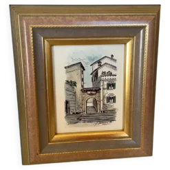 Tableau aquarelle signée vue de village