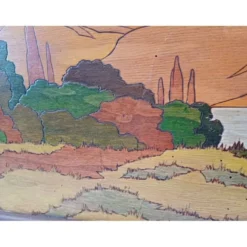 Tableau bois peinture vernie signée Clavere