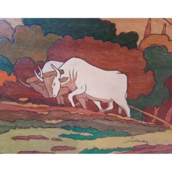 Tableau bois peinture vernie signée Clavere