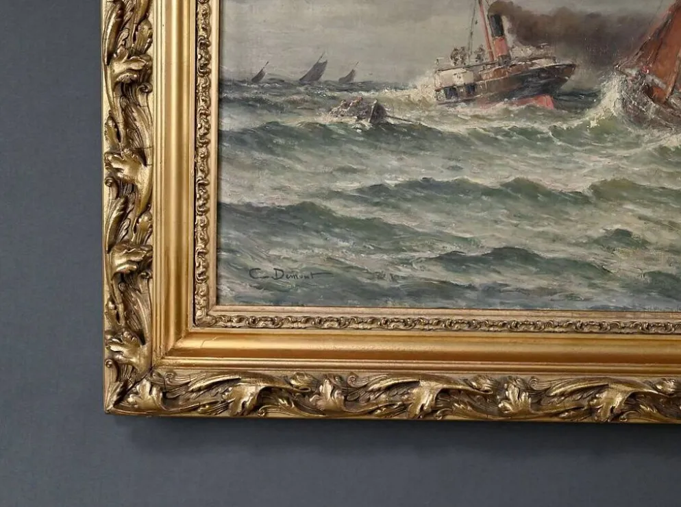 Tableau « Entrée du port par mer agitée », huile sur toile, signé C. Demont – début XXe