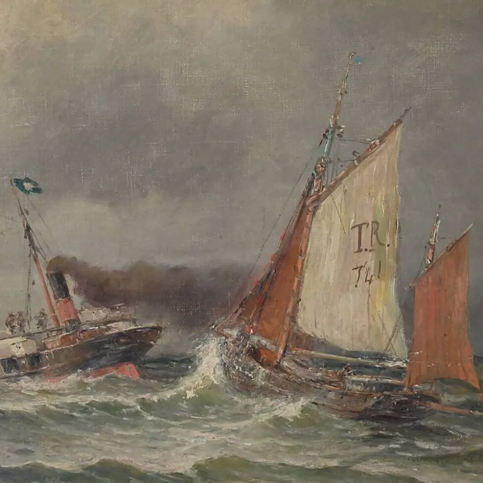 Tableau « Entrée du port par mer agitée », huile sur toile, signé C. Demont – début XXe
