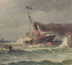Tableau « Entrée du port par mer agitée », huile sur toile, signé C. Demont – début XXe