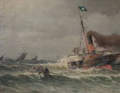 Tableau « Entrée du port par mer agitée », huile sur toile, signé C. Demont – début XXe