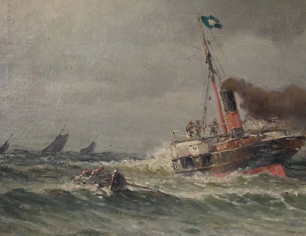Tableau « Entrée du port par mer agitée », huile sur toile, signé C. Demont – début XXe