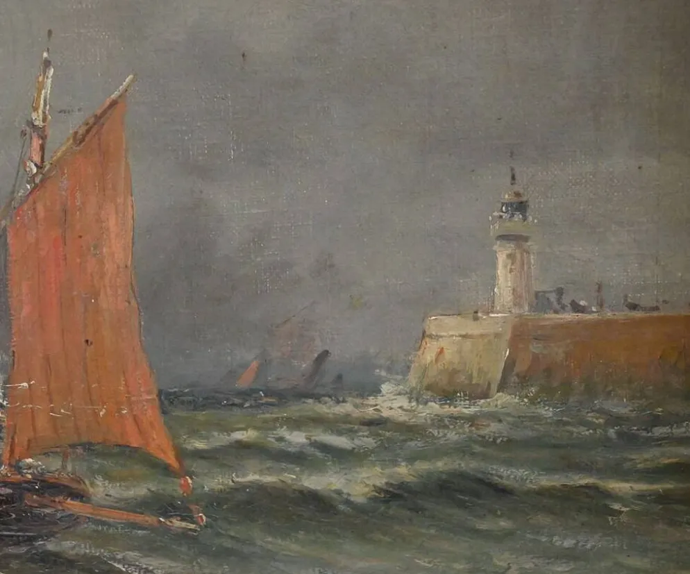 Tableau « Entrée du port par mer agitée », huile sur toile, signé C. Demont – début XXe