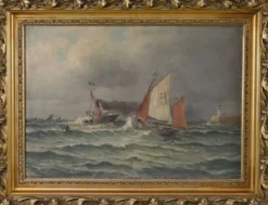 Tableau « Entrée du port par mer agitée », huile sur toile, signé C. Demont – début XXe