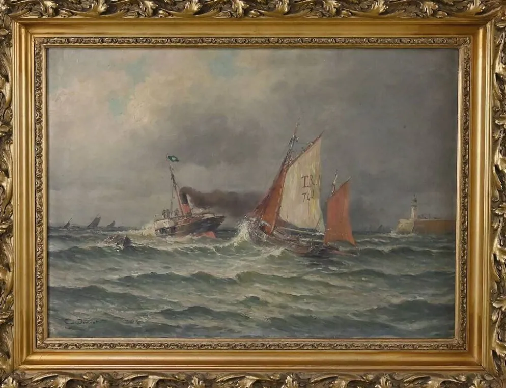 Tableau « Entrée du port par mer agitée », huile sur toile, signé C. Demont – début XXe