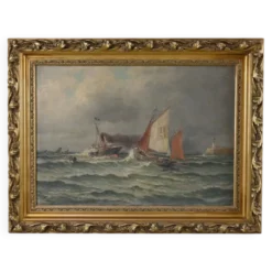 Tableau « Entrée du port par mer agitée », huile sur toile, signé C. Demont – début XXe