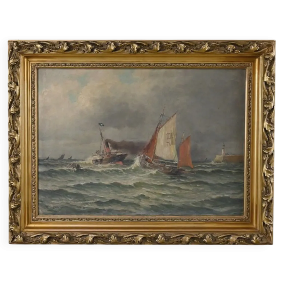 Tableau « Entrée du port par mer agitée », huile sur toile, signé C. Demont – début XXe